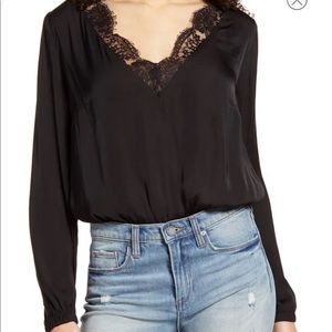 Lace Trim Satin Bodysuit SOCIALITE long sleeves